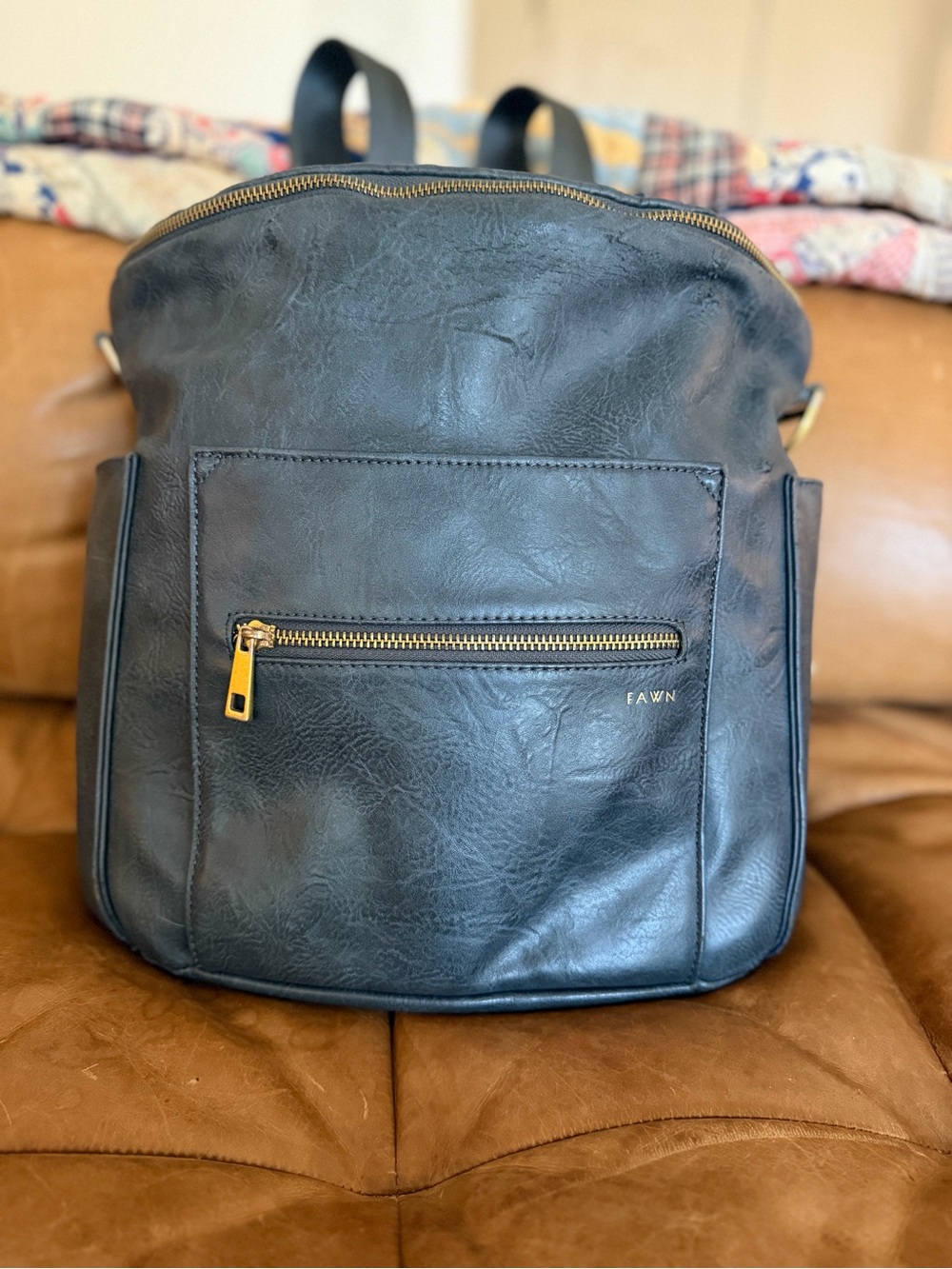Fawn Design Black Leather Baby Bag Backpack with Gold Hardware